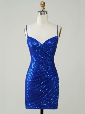 Blue Sequined Tight Backless Short Homecoming, Wedding, dinner Dress